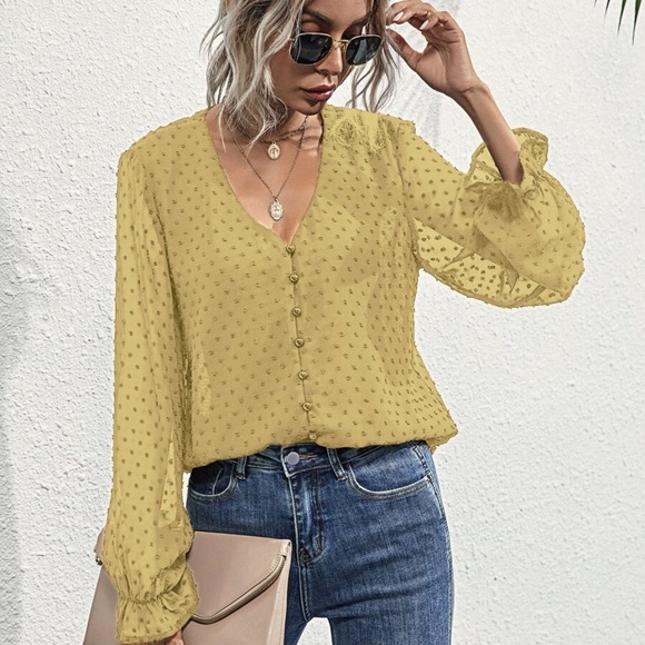 swiss dot v neck button chiffon long sleeve top - Picture 3 of 16